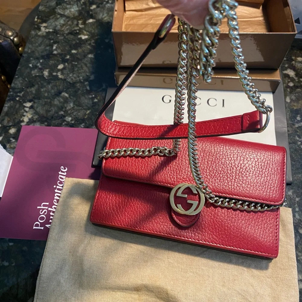 Gucci Red Vintage Wallet On Chain with Gold Tone GG Magnetic Lock Full Inclusion